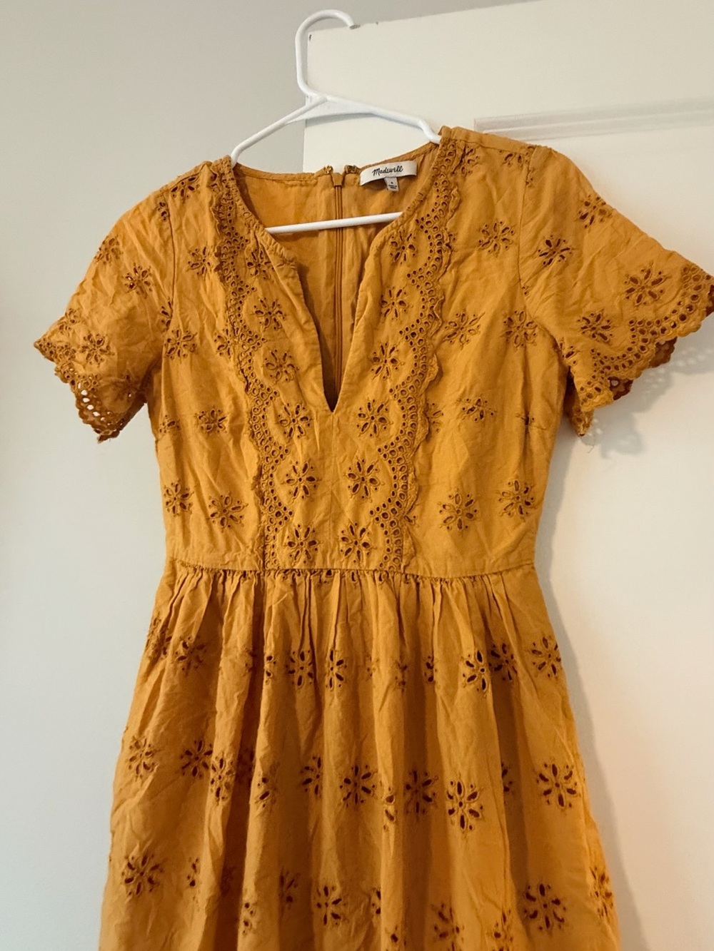 Madewell Mustard Yellow Eyelet Lace Dress V-Neck Short Sleeve Sun Dress Cotton❤️ - Picture 9 of 12